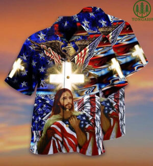 America and Jesus Bless Hawaiian Shirt - Patriotic Christian Aloha Top