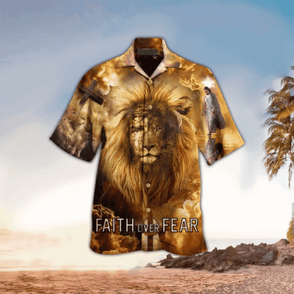 Faith Over Fear Jesus Lion Aloha Shirt Christian Hawaiian All Over Print XS-5XL