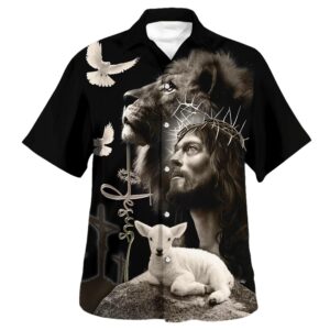 Christian Jesus Lion and Sheep Hawaiian Shirt - Religious Men s Aloha Shirt 1