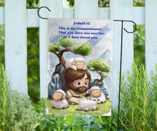 Jesus And Lambs John 15:12 This Is My Commandment Flag Bible Verse Christian Home Decor