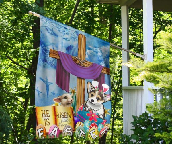 Corgi Cross He Is Risen Bunny Easter Flag Jesus Easter Christian Indoor Outdoor Hanging