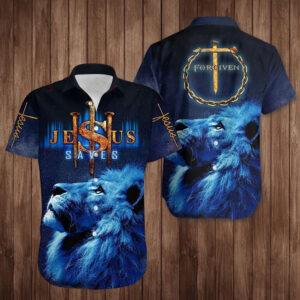 Lion Cross Hawaiian Shirt: Jesus Saves Christian Faith & Love Men Women
