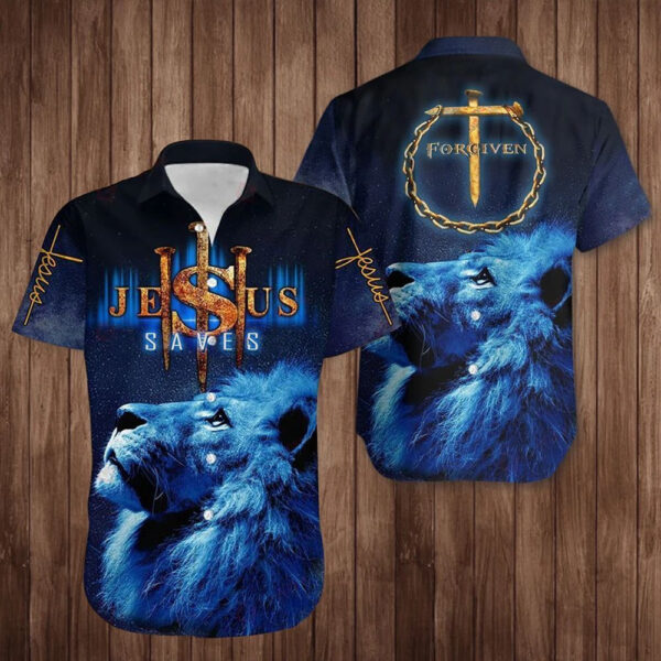 Lion Cross Hawaiian Shirt: Jesus Saves Christian Faith & Love Men Women