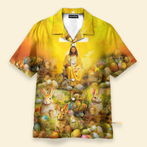 Jesus Easter Hawaiian Shirt: Seated with Rabbit & Eggs on Couch