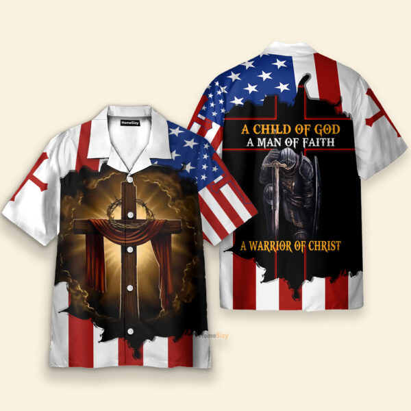Christian Warrior US Flag Hawaiian Shirt – Child of God Man of Faith Warrior of Christ
