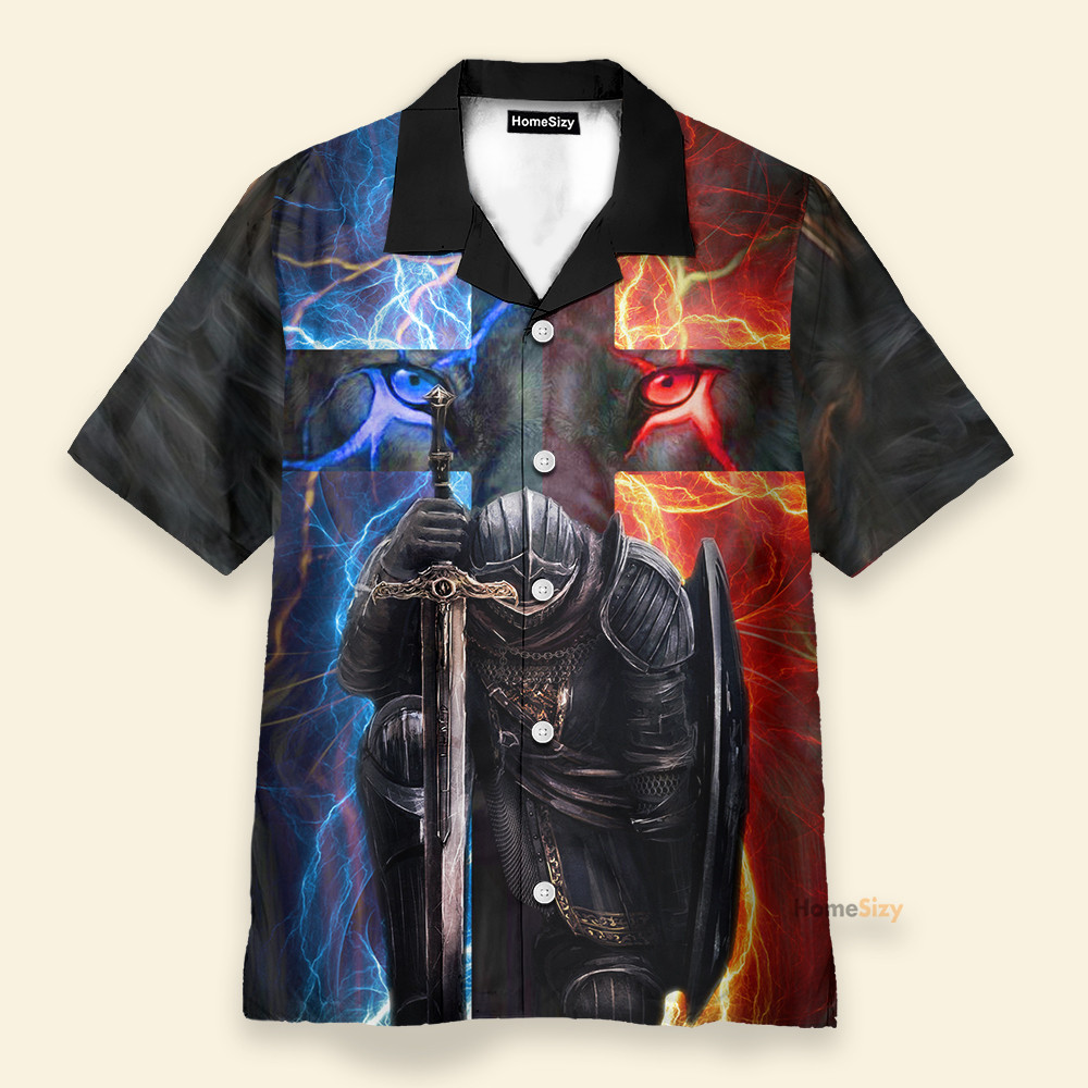 Warrior of Christ Hawaiian Shirt in Blue N Red: Child of God Man of Faith Warrior of Christ Hawaiian Shirt in Blue N Red: Child of God Man of Faith