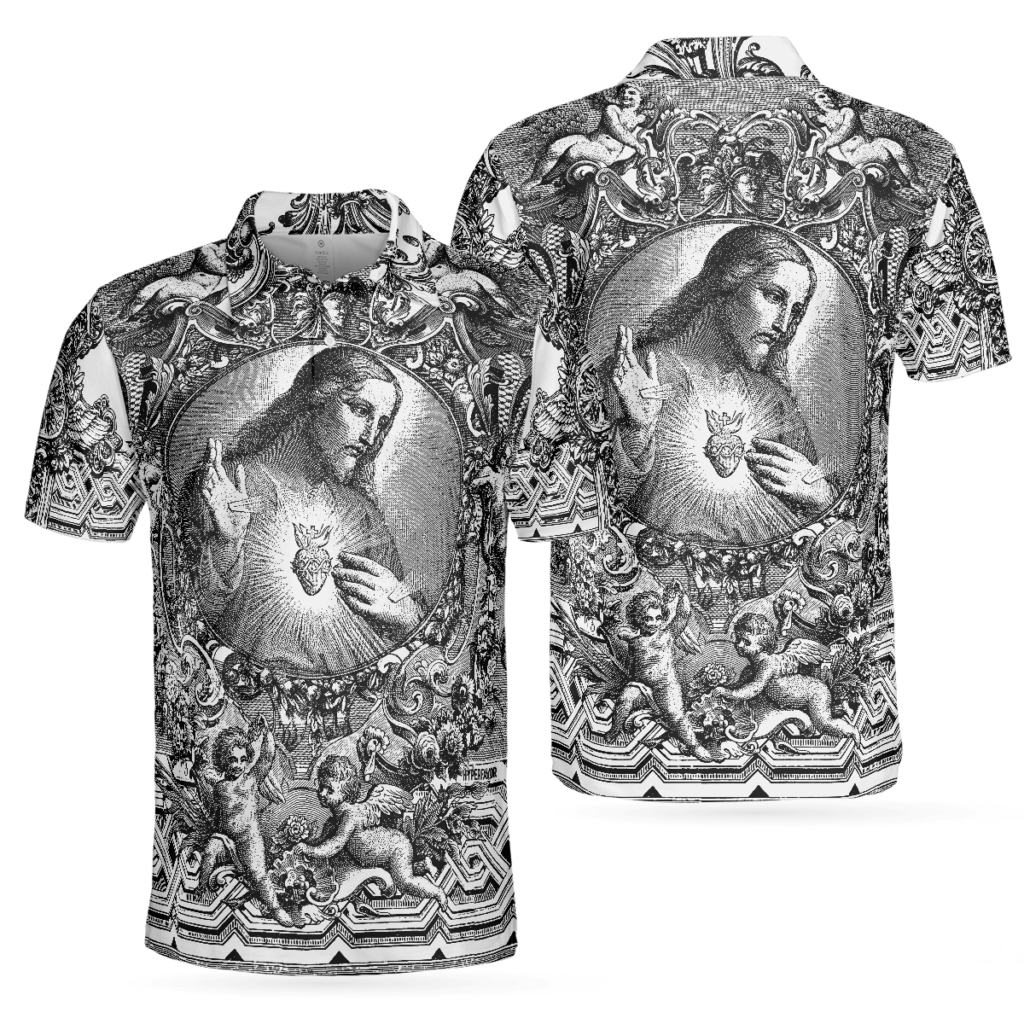 Jesus Christ Vintage Sketch Art Christian Polo Shirt, Black And White Christian Shirt For Men Jesus Christ Vintage Sketch Art Christian Polo Shirt, Black And White Christian Shirt For Men
