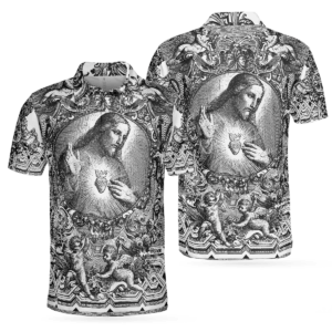 Jesus Christ Vintage Sketch Art Christian Polo Shirt, Black And White Christian Shirt For Men