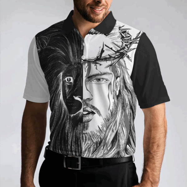 Jesus Christ Lion Contrast Art Christian Polo Shirt, Black And White Christian Shirt For Men