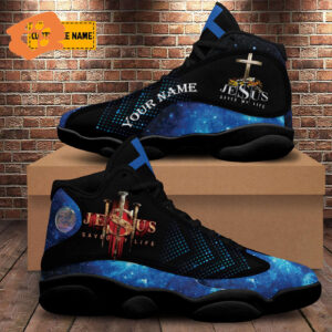Personalized Jesus Saved My Life Basketball Shoes - Blue Design Thick Soles - Perfect Gift for Christian Jesus Lovers