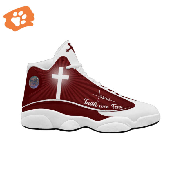 Faith Over Fear Jesus Basketball Shoes Red Design Thick Soles Perfect Gift for Christian Basketball Fans – Unisex Christian Shoes