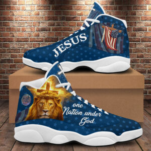 Jesus One Nation Under God Basketball Shoes, Christ Lion American Flag Cross Running Shoes, Faith Gift