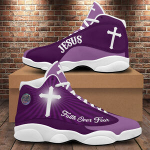 Jesus Faith Over Fear Basketball Shoes, Jesus Christian Cross Purple Running Shoes, Jesus Lovers Gifts