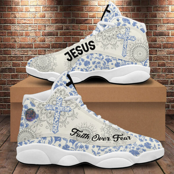 Jesus Faith Over Fear Basketball Shoes, Mandala Flower Running Shoes, Christian Cross Footwear Unisex