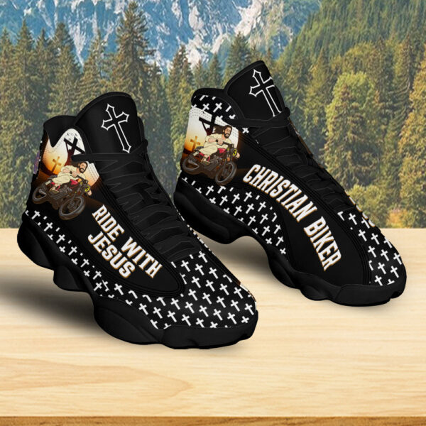 Ride With Jesus Basketball Shoes, Christian Biker Sneaker, Jesus Cross Footwear, Religious Gift, Running Shoes