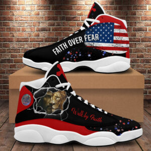 Jesus Walk By Faith Basketball Shoes, Christian Lion American Flag Running Shoes, Faith Over Fear, Religious Gift