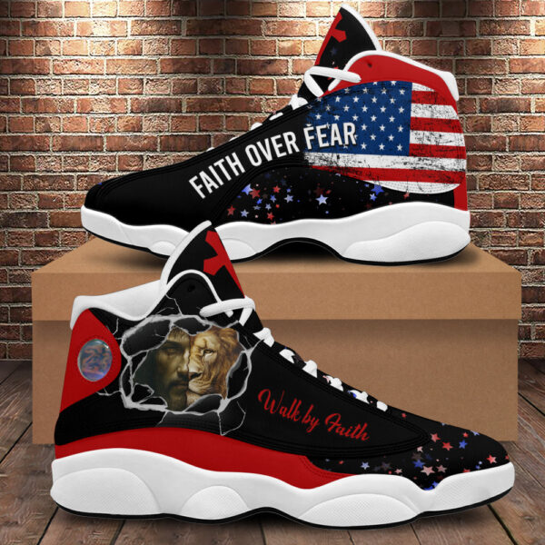 Jesus Walk By Faith Basketball Shoes, Christian Lion American Flag Running Shoes, Faith Over Fear, Religious Gift