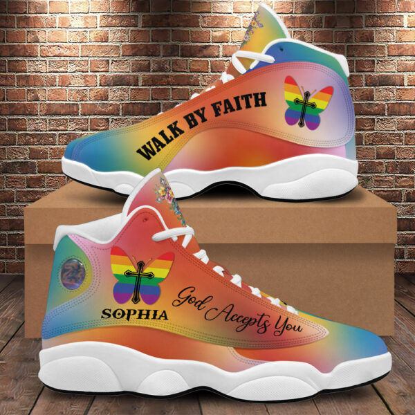 Personalized God Accept You Basketball Shoes, LGBT Walk By Faith Running Shoes, Jesus Cross Footwear Unisex Gift