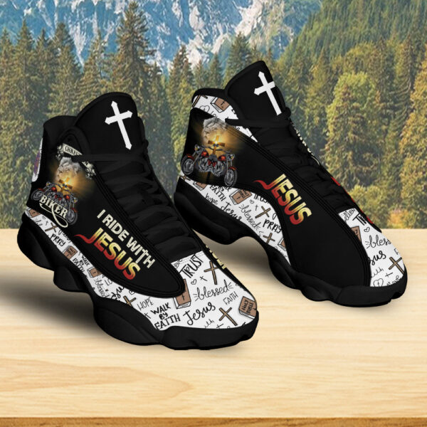 Christian Biker I Ride With Jesus Basketball Shoes, Walk By Faith Running Shoes, Jesus Faith Pray Cross Motorcycle Shoe