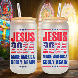 Jesus American Flag Glass Can & 2024 Make America Godly Again Coffee Cup Gift Set