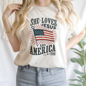 American Flag Tshirt: She Loves Jesus & America Independence Day Hoodie Christian Gifts Mug