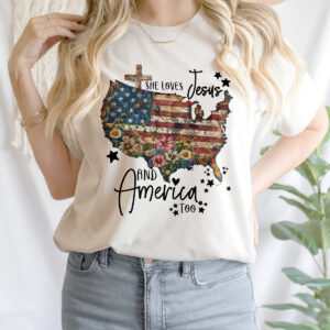 Jesus American Flag Cross Shirt She Loves Jesus & America Sweatshirt US Pride Hoodie Independence Day Gifts