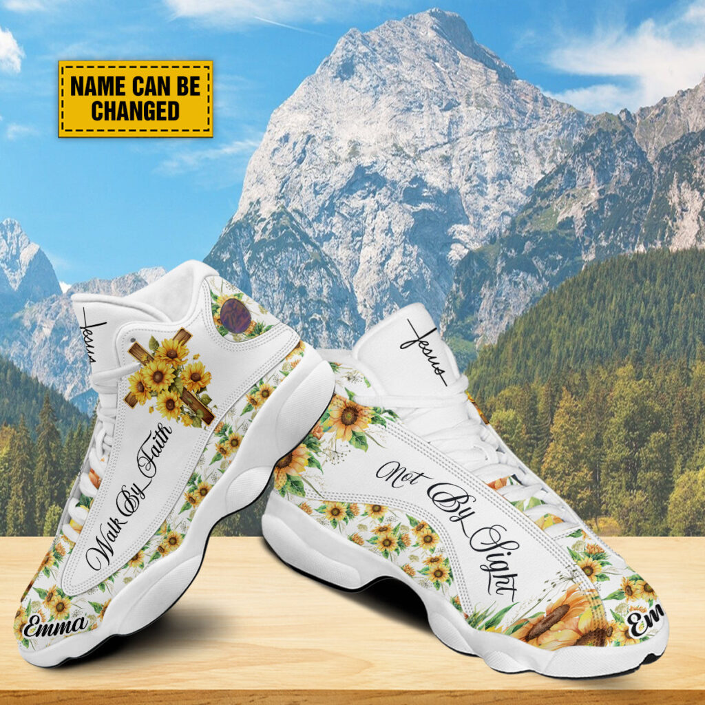 Jesus Cross Sunflower Customized Sport Shoes, Walk By Faith Not By Sight, Faith Gifts For Women, Sunflower Pattern Unisex Basketball Shoes Jesus Cross Sunflower Customized Sport Shoes, Walk By Faith Not By Sight, Faith Gifts For Women, Sunflower Pattern Unisex Basketball Shoes