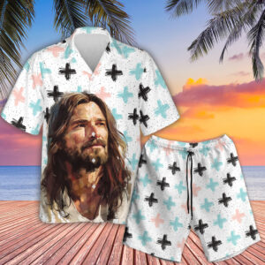 Jesus Portrait Hawaiian Shirt God Cross Aloha Set 3D Jesus Lover Clothing