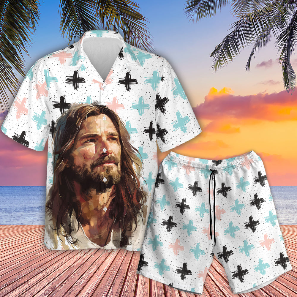 Jesus Portrait Hawaiian Shirt God Cross Aloha Set 3D Jesus Lover Clothing Jesus Portrait Hawaiian Shirt God Cross Aloha Set 3D Jesus Lover Clothing