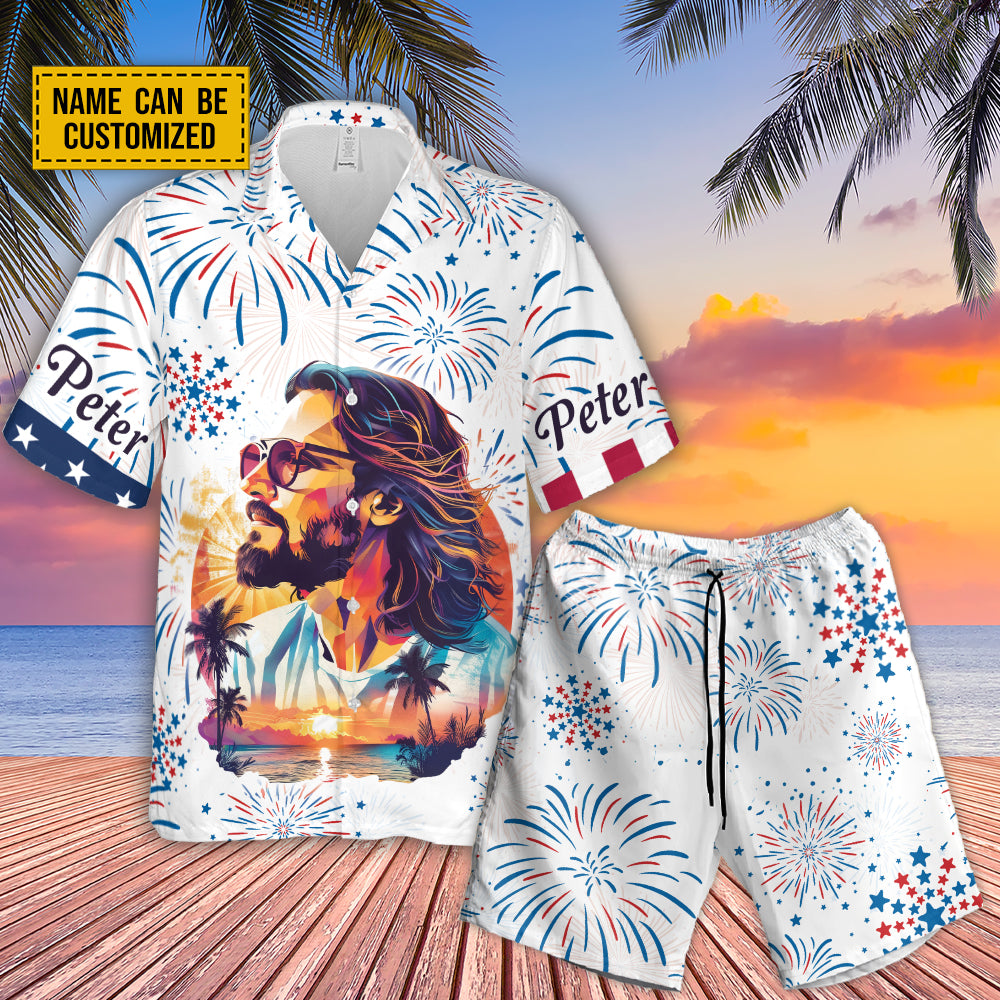Customized Jesus Graphic Portrait Hawaii Shirt 4th of July Independence Day Set Customized Jesus Graphic Portrait Hawaii Shirt 4th of July Independence Day Set