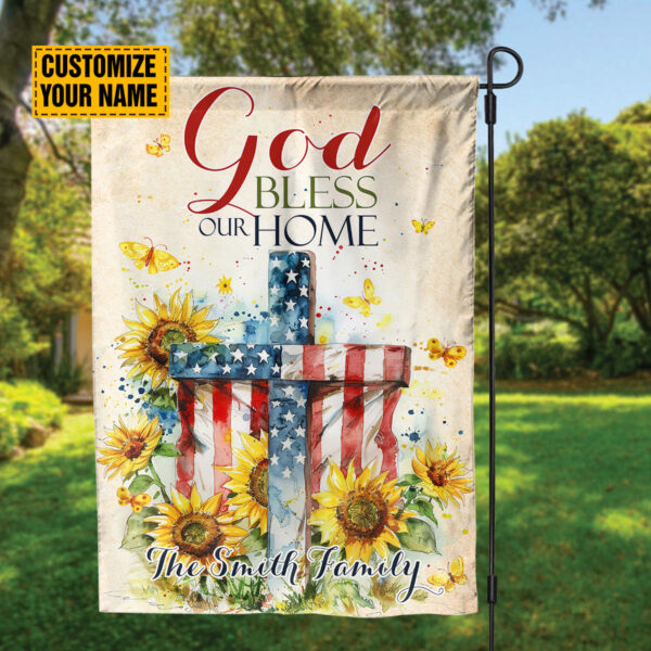 Custom Cross Sunflower Flag Yard God Bless Our Home & Jesus Lover Gift Patriotic Independence Day Flag