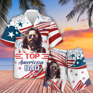 American Dad Hawaiian Shirt with God Sunglasses Summer Beach Outfit Set for Dad Independence Day Gift