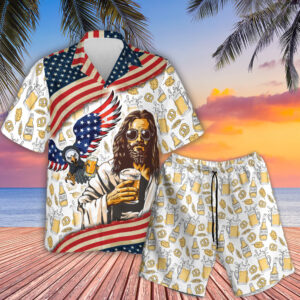 Jesus Eagle Beer American Flag Hawaii Shirt - Cool Men s Aloha Set for Summer Beach Independence Day Gifts