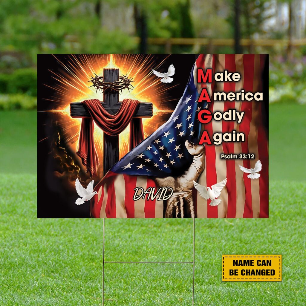 Custom Jesus Cross American Flag Yard Sign – Make America Godly Again Psalm 33:12 – Christian Art Garden Decor Custom Jesus Cross American Flag Yard Sign – Make America Godly Again Psalm 33:12 – Christian Art Garden Decor