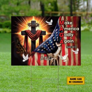 Custom Jesus Cross American Flag Yard Sign - Make America Godly Again Psalm 33:12 - Christian Art Garden Decor