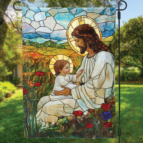Jesus Blessing Children Garden Flag: God Stained Glass Christmas House Flag
