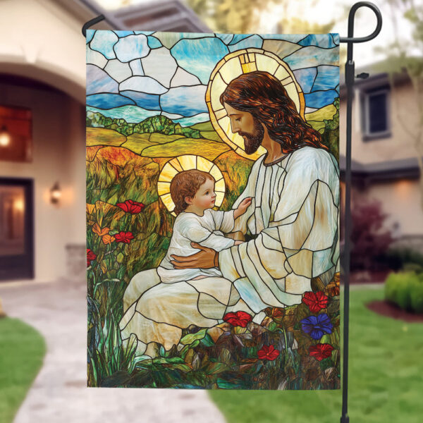 Jesus Blessing Children Garden Flag: God Stained Glass Christmas House Flag