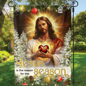 Jesus Christ Sacred Heart Christmas Flag - Jesus Is The Reason For The Season House Flag - Xmas Tree Decor Garden 3