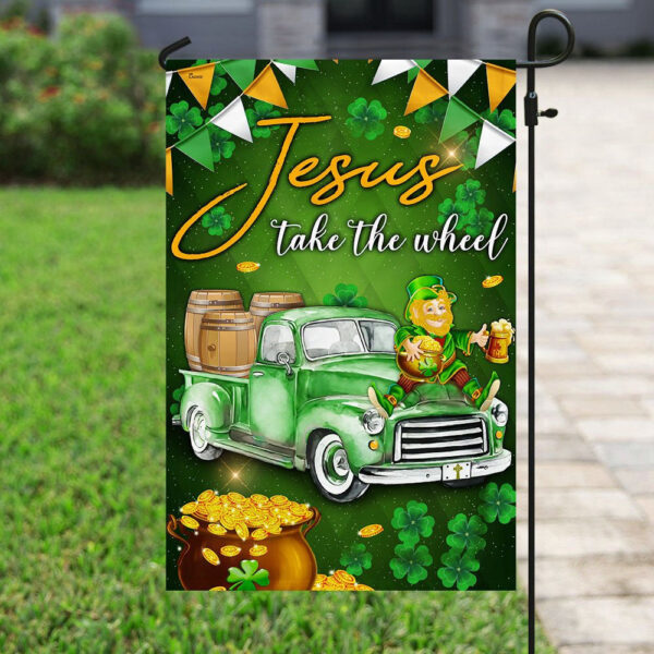 Christian Garden Flags for St Patrick s Day – Jesus Take The Wheel Flag Cross & Faith Decor