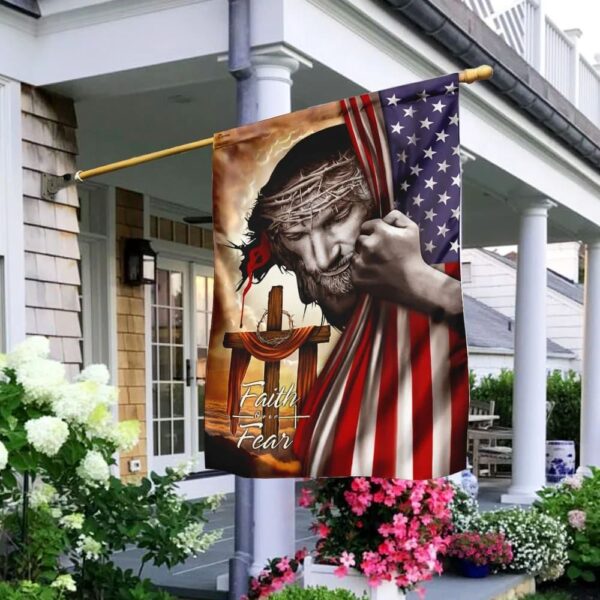 Christian Faith Over Fear House Flag – Jesus Cross Scripture Garden Banner