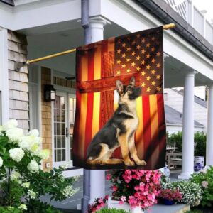 German Shepherd Jesus Cross American US House Flags: Christian Scripture Garden Banner