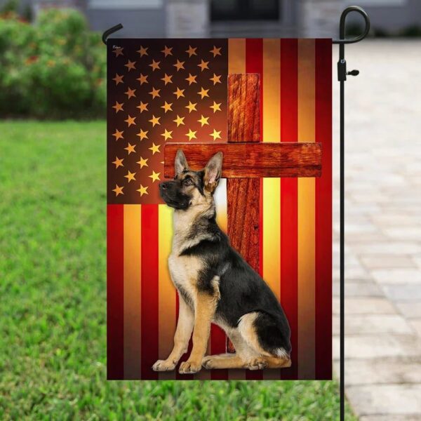 German Shepherd Jesus Cross American US House Flags: Christian Scripture Garden Banner