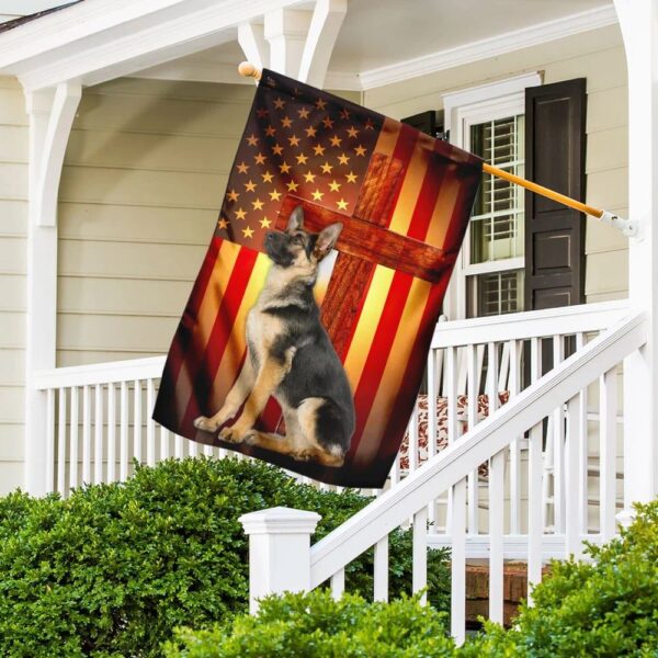 German Shepherd Jesus Cross American US House Flags: Christian Scripture Garden Banner