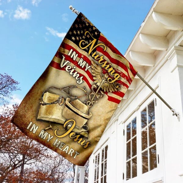 Christian Nurse Garden Flag with Scripture – Nursing In My Veins Jesus In My Heart