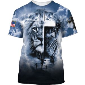 Jesus Prayer Lion of Judah Cross 3D T-Shirt Christian Faith Shirt for Men & Women