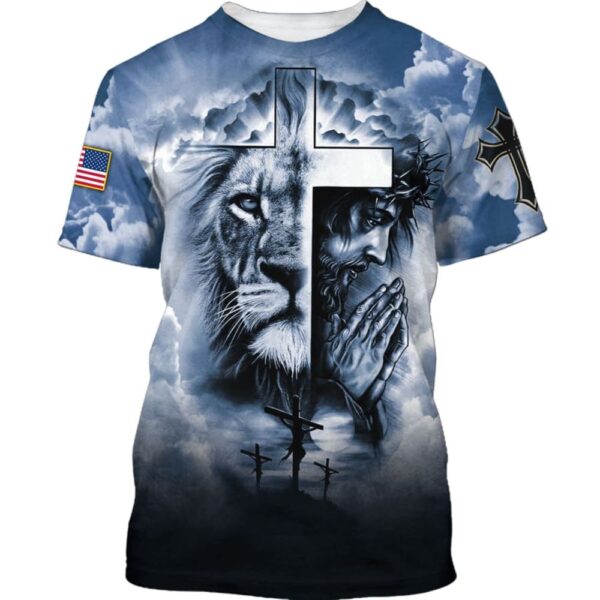Jesus Prayer Lion of Judah Cross 3D T-Shirt Christian Faith Shirt for Men & Women