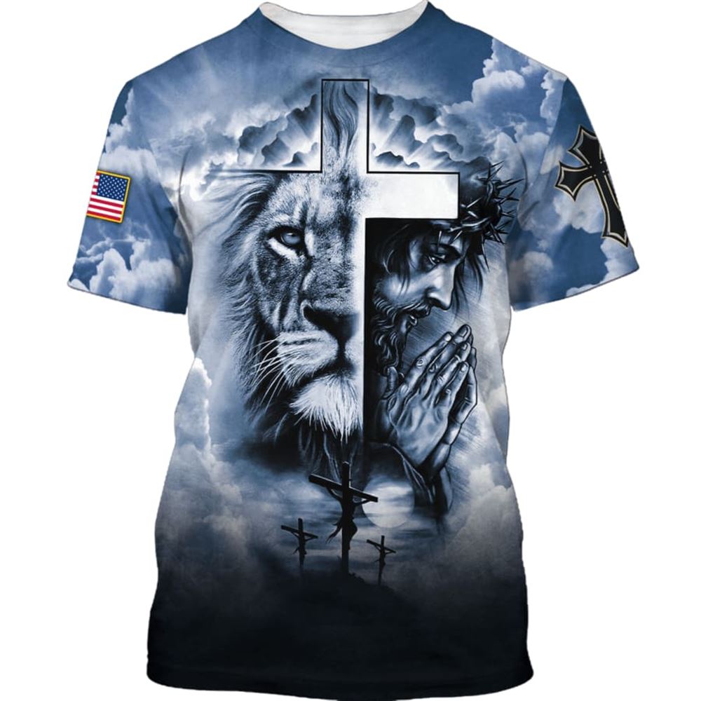 Jesus Prayer Lion of Judah Cross 3D T-Shirt Christian Faith Shirt for Men & Women Jesus Prayer Lion of Judah Cross 3D T-Shirt Christian Faith Shirt for Men & Women