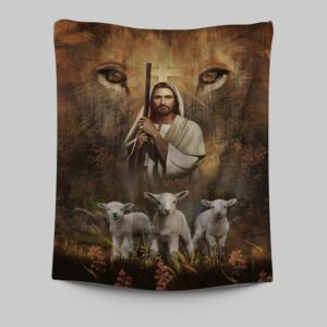 White Lamb Lion s Eyes Walking With Jesus Tapestry - Christian Bible Verse Wall Art