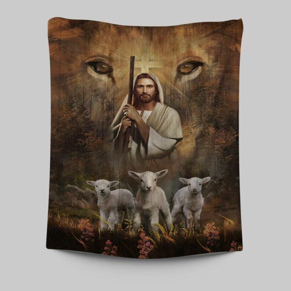 White Lamb Lion s Eyes Walking With Jesus Tapestry – Christian Bible Verse Wall Art
