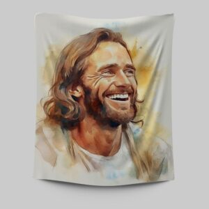 Watercolor Jesus Laughing Tapestry Prints - Christian Wall Art Decor